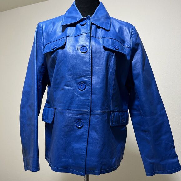 Royal Blue 100% Leather Moto Jacket Button Jessica London Womens 14 Colorful - Picture 1 of 11